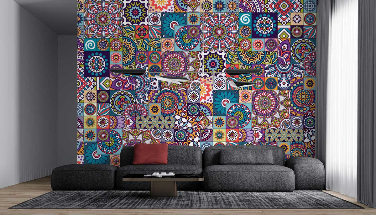 Bohemian style wallpaper featuring intricate mandala designs in bright colors