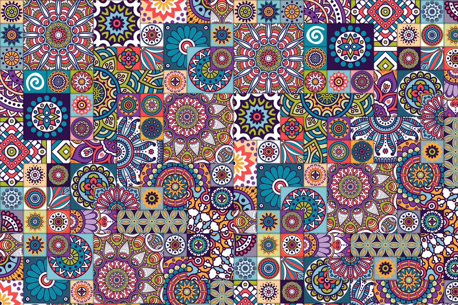 Bohemian style wallpaper featuring intricate mandala designs in bright colors