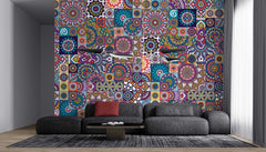 Bohemian style wallpaper featuring intricate mandala designs in bright colors
