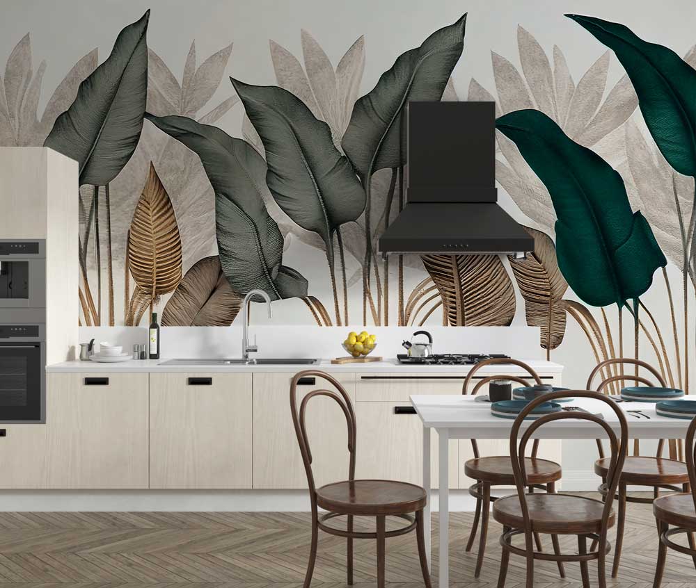 A stylish kitchen featuring a botanical wallpaper, light-colored wood flooring, and a sleek dining area.