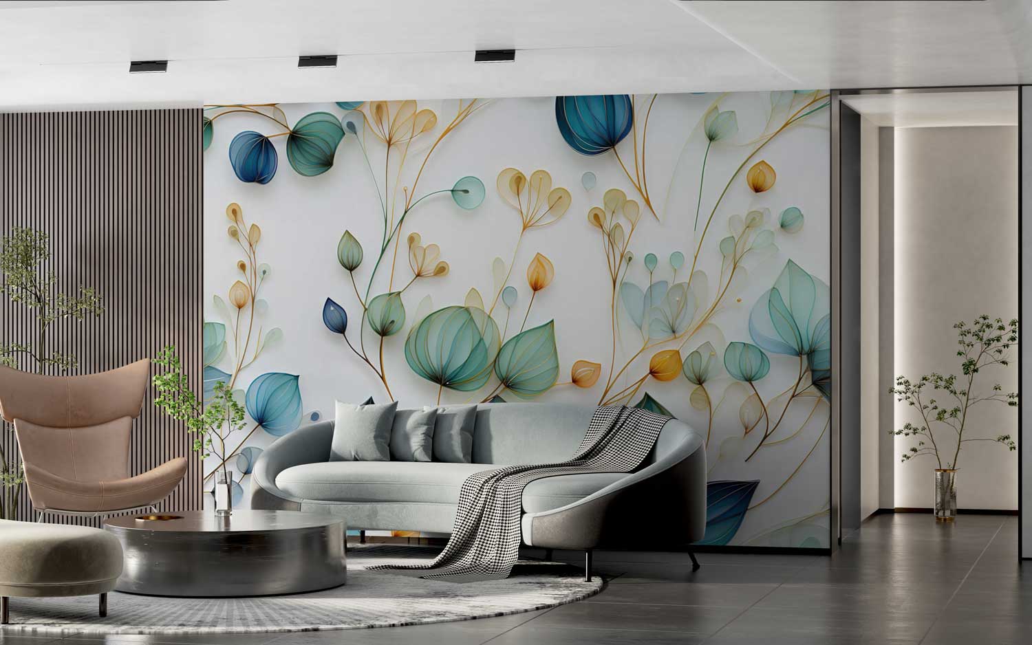 Decorative wallpaper with sketched floral designs and artistic botanical patterns.
