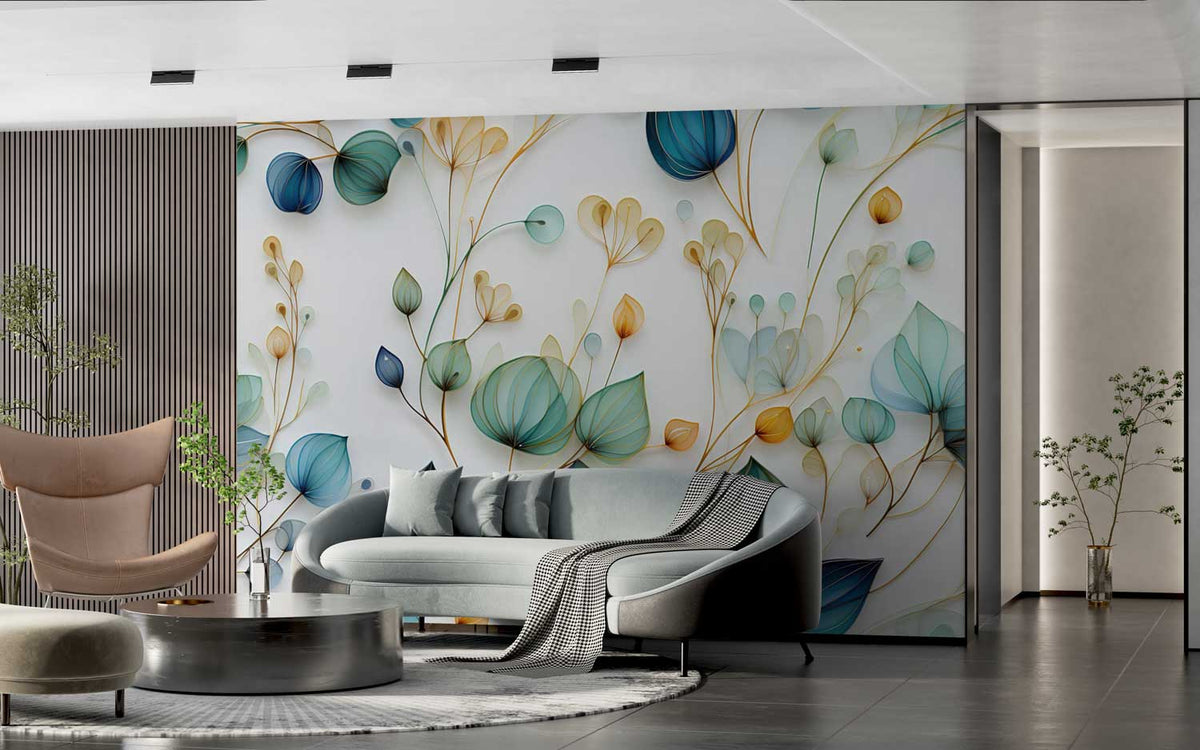 Decorative wallpaper with sketched floral designs and artistic botanical patterns.