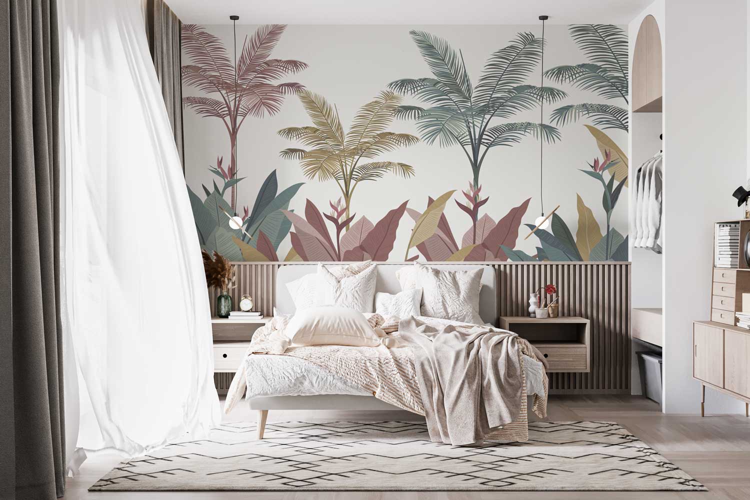 Wall mural with lush greenery and realistic plant illustrations for home decor.