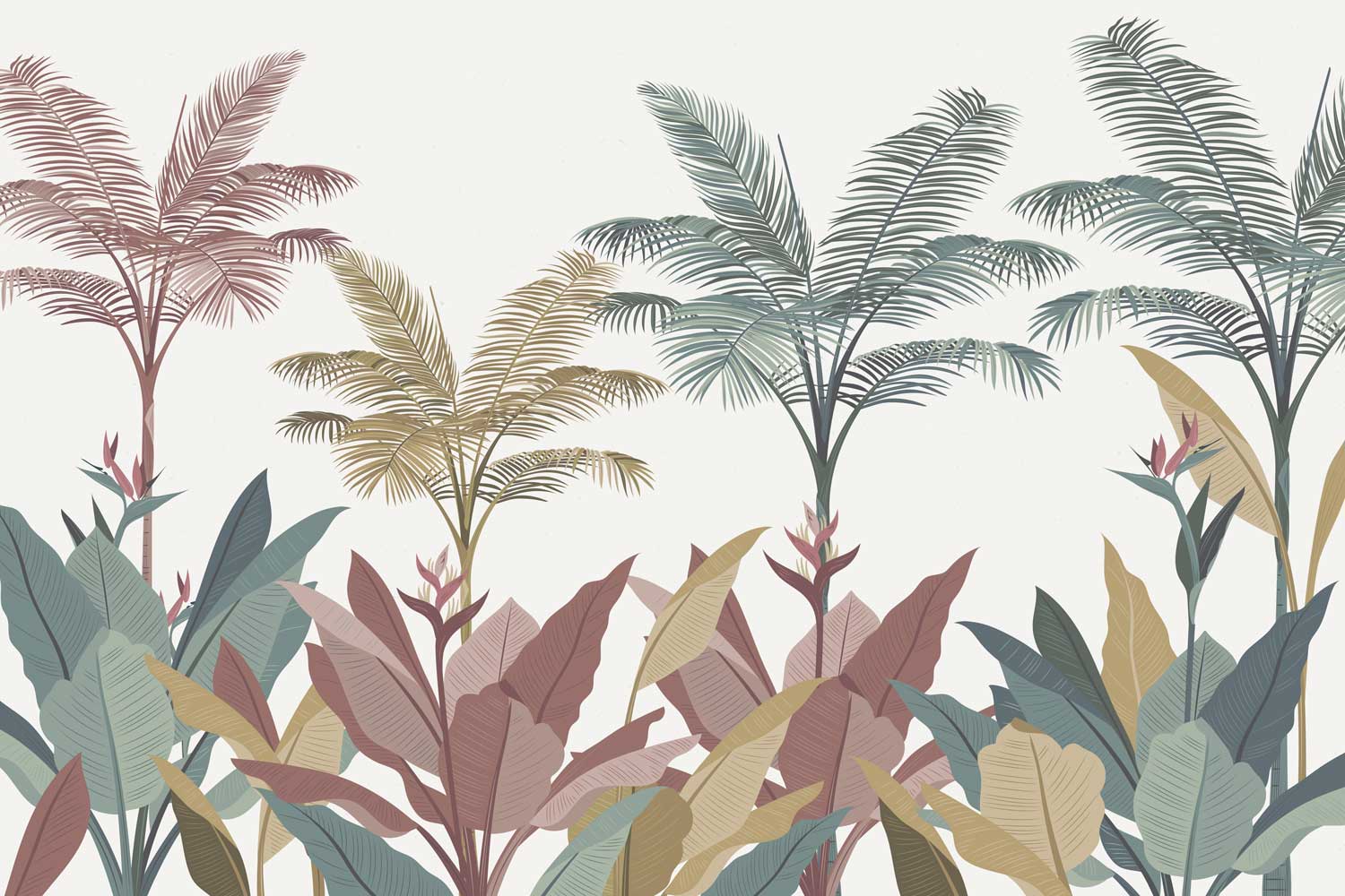 Wall mural with lush greenery and realistic plant illustrations for home decor.