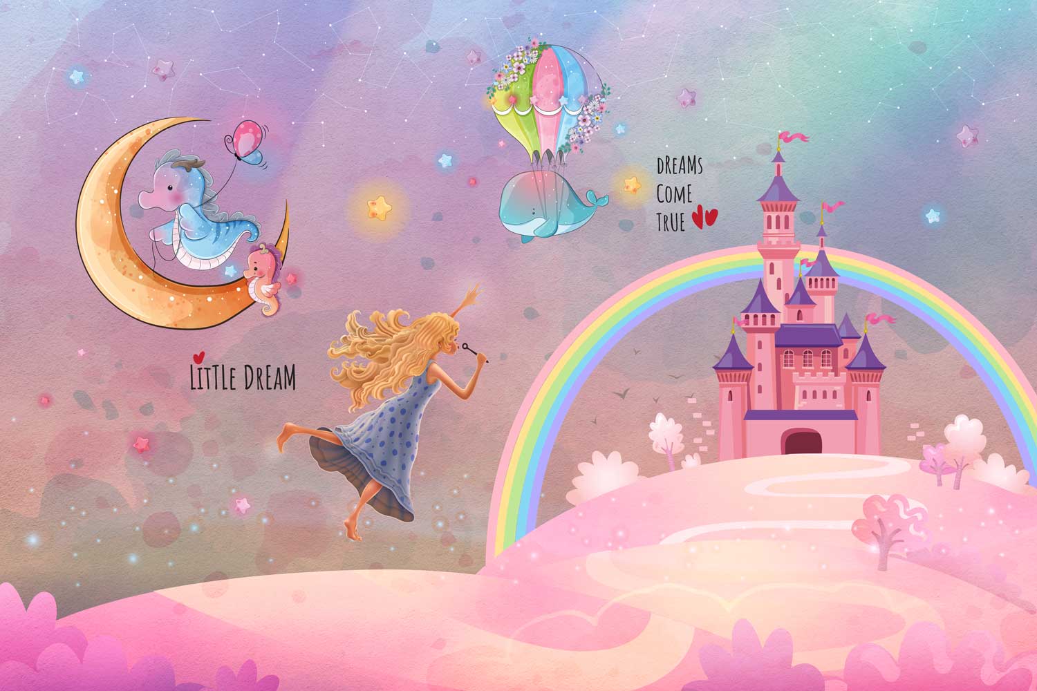 Decorative wall design with enchanted castle and fantasy scenery for a kids bedroom.