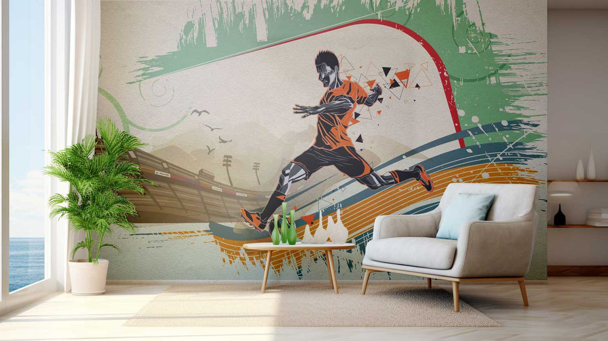 Football wallpaper with abstract motion lines and athletic figure illustrations.

