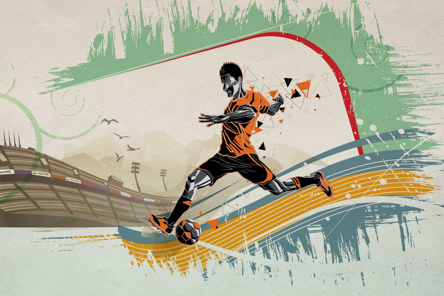 Football wallpaper with abstract motion lines and athletic figure illustrations.

