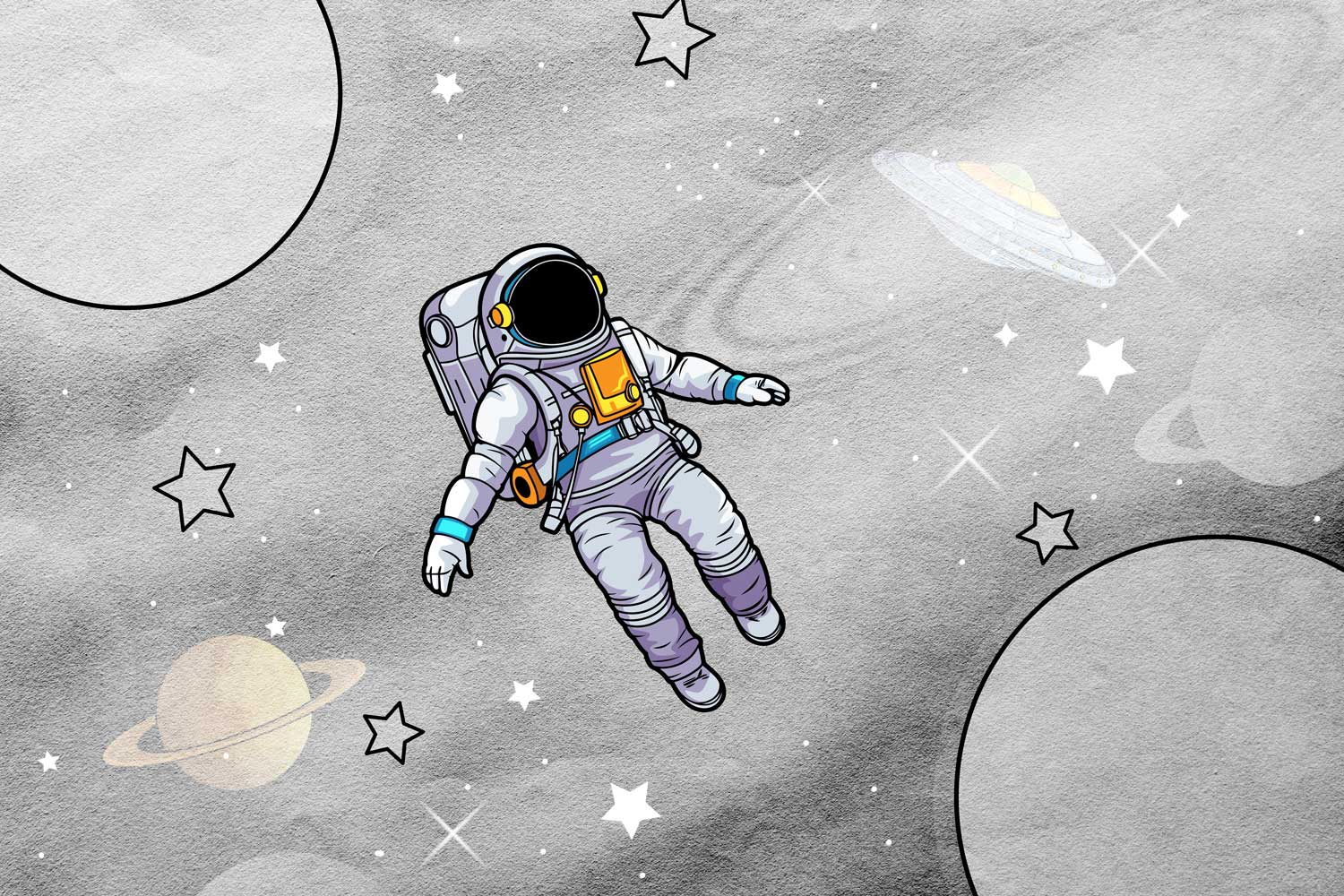 Spacemen texture featuring floating astronauts over a starry galaxy background.