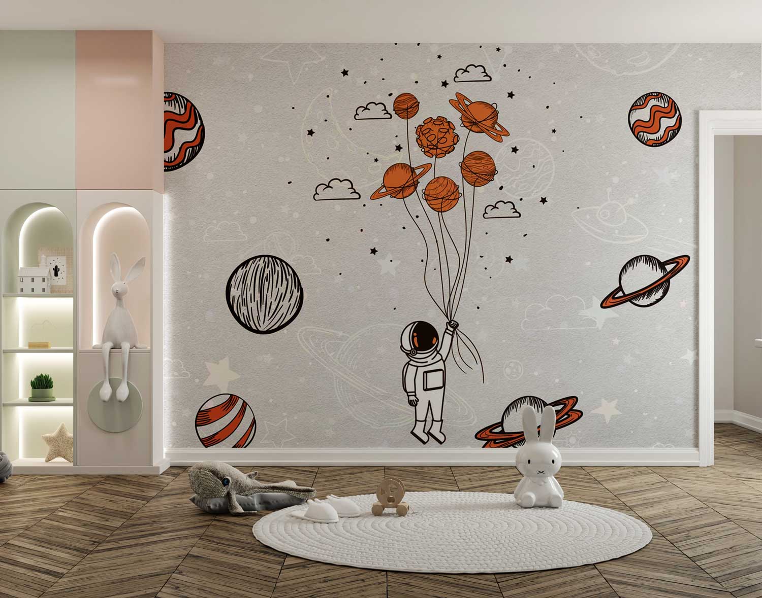 Universe art style featuring planets, stars, and galaxies in a cosmic abstract design.