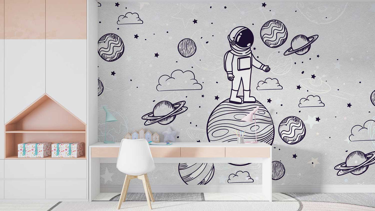 Space planet wallpaper for children’s bedroom with cartoon planets and galaxy elements.