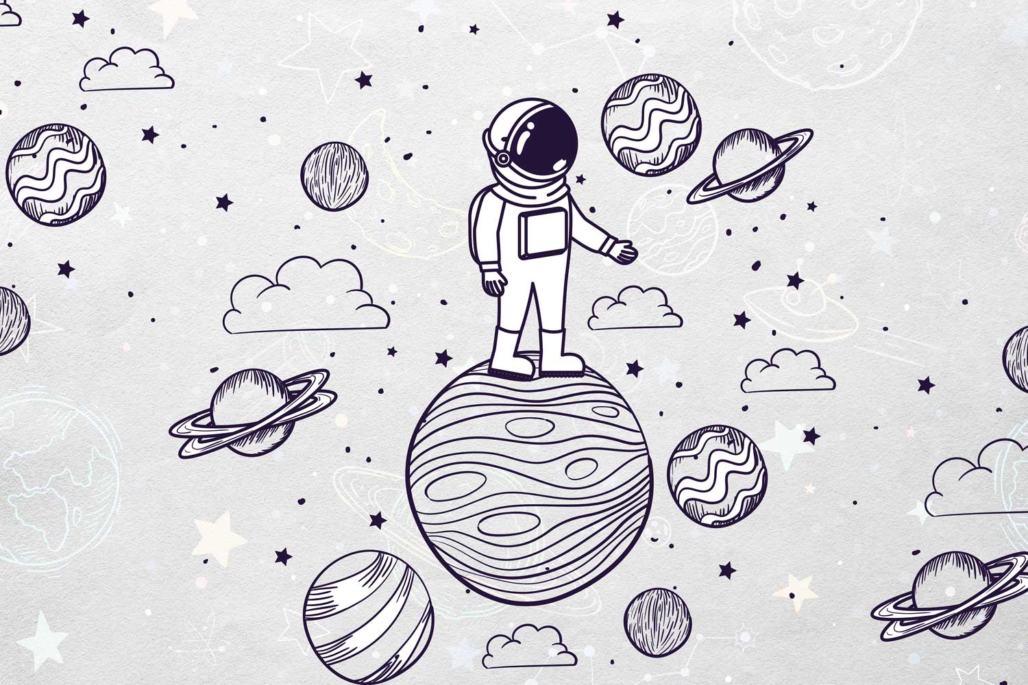 Space planet wallpaper for children’s bedroom with cartoon planets and galaxy elements.