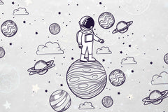 Space planet wallpaper for children’s bedroom with cartoon planets and galaxy elements.