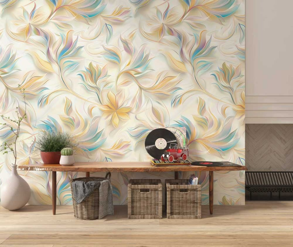 A cozy room with a beautiful floral wallpaper, showcasing a mix of pastel hues and swirling shapes, along with a wooden bench and decorative items.