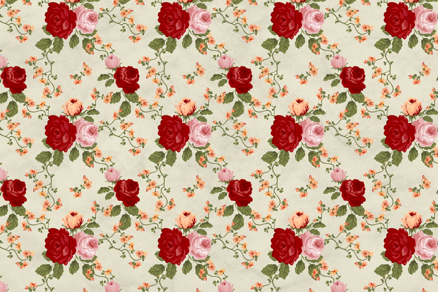 Retro rose pattern wallpaper with vintage-style pink roses and muted green leaves.