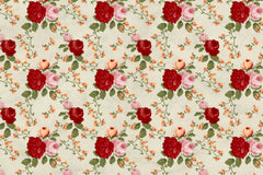 Retro rose pattern wallpaper with vintage-style pink roses and muted green leaves.