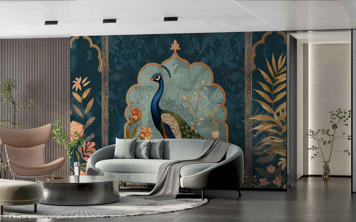 Classic peacock art wallpaper with rich colors and botanical elements for living room décor