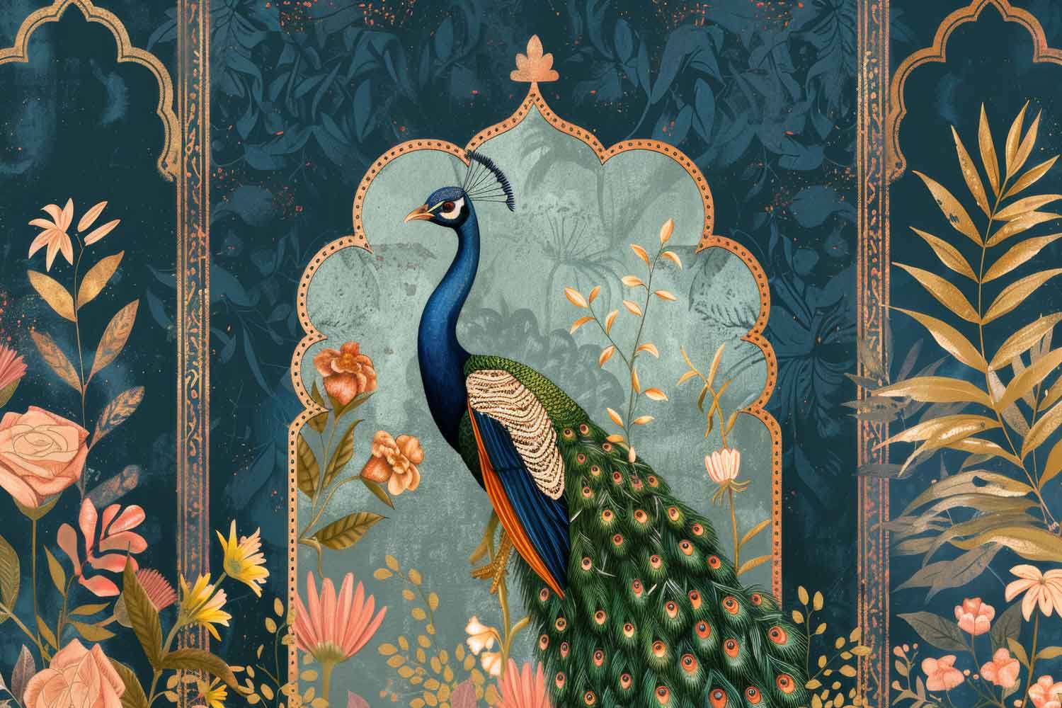Classic peacock art wallpaper with rich colors and botanical elements for living room décor