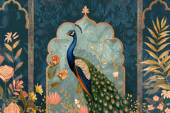 Classic peacock art wallpaper with rich colors and botanical elements for living room décor