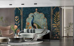 Classic peacock art wallpaper with rich colors and botanical elements for living room décor