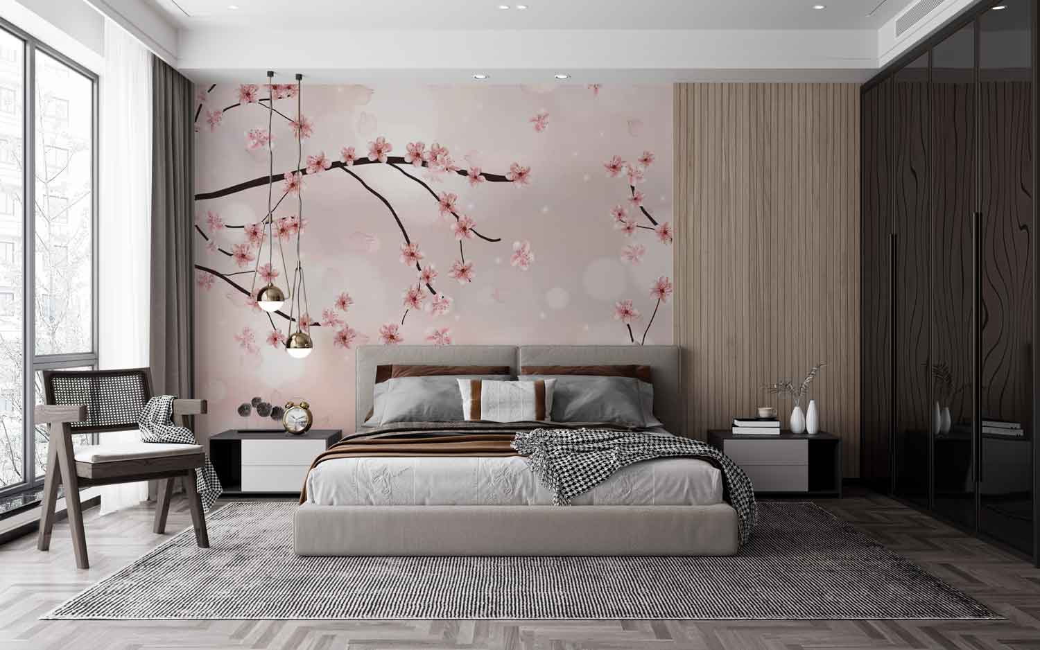 Romantic floral wallpaper featuring cherry blossom branches in soft blush tones