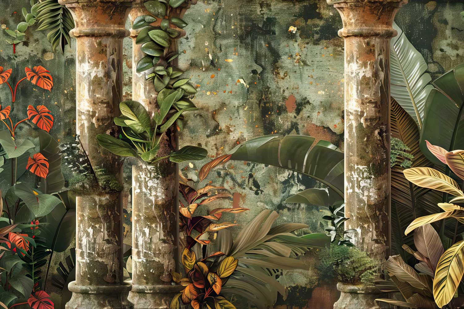 Elegant mural-style wallpaper with bold artistic patterns.