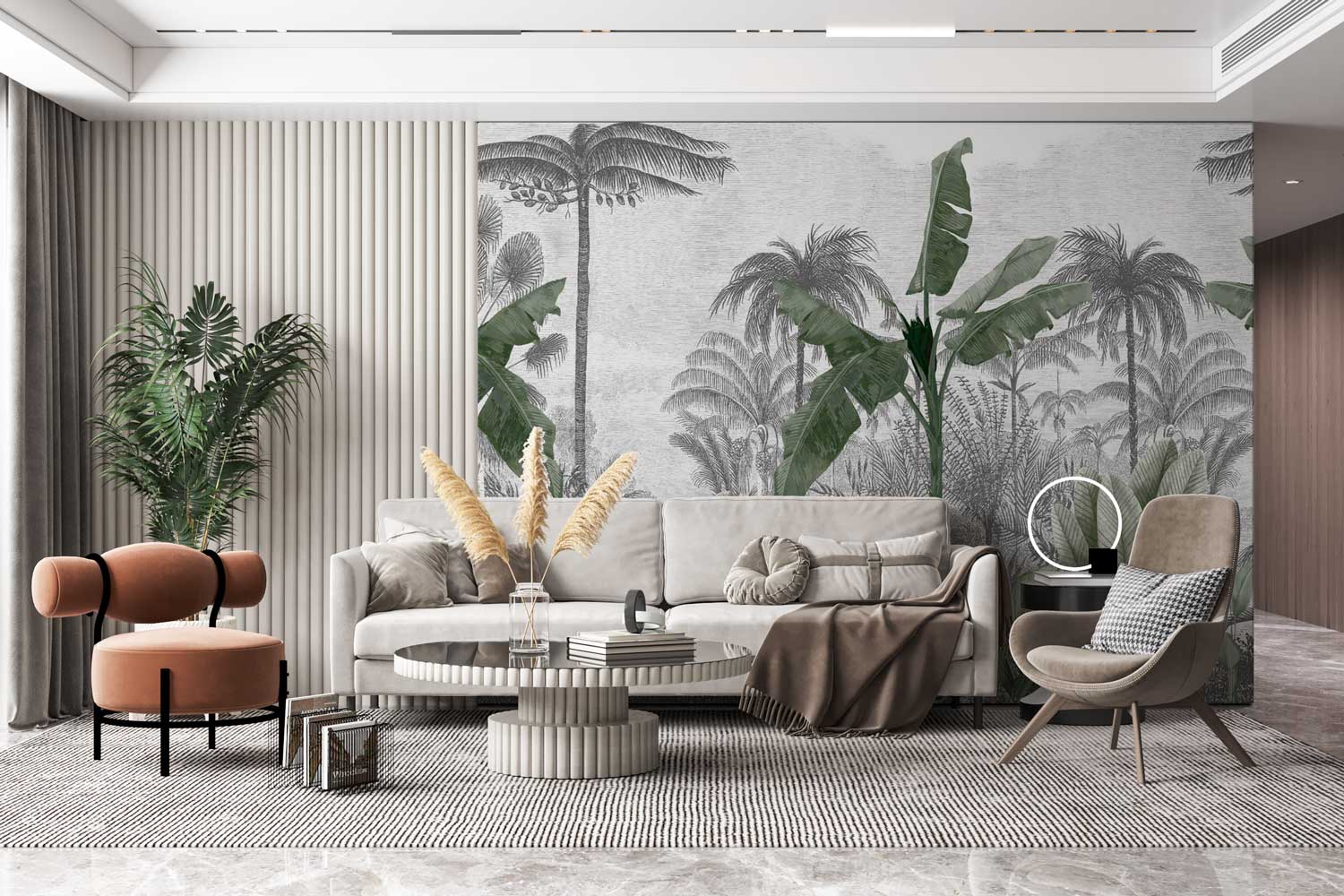 Botanical mural featuring banana leaves and sketched palm background

