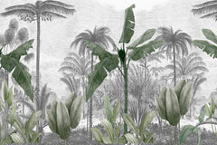 Botanical mural featuring banana leaves and sketched palm background

