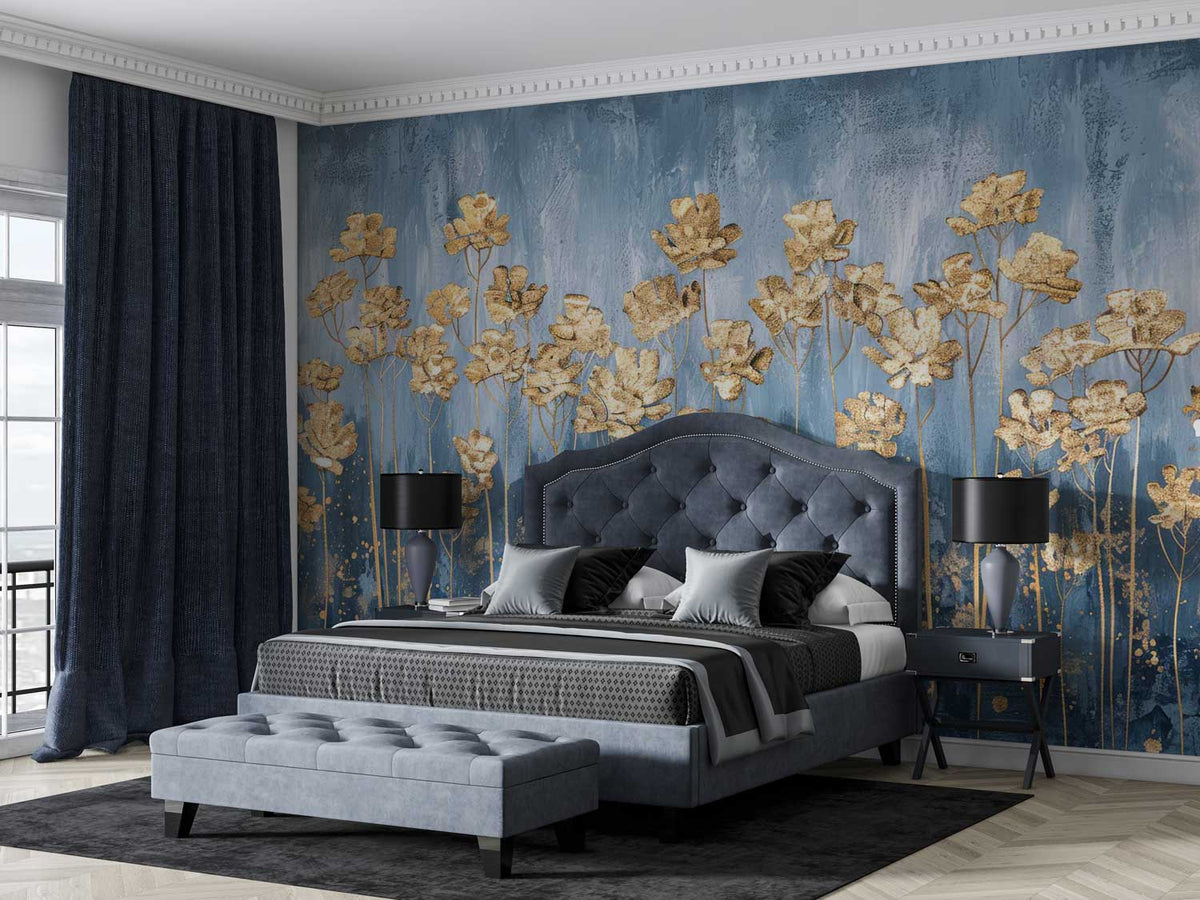 Elegant floral wallpaper with gold blooms on blue backdrop.