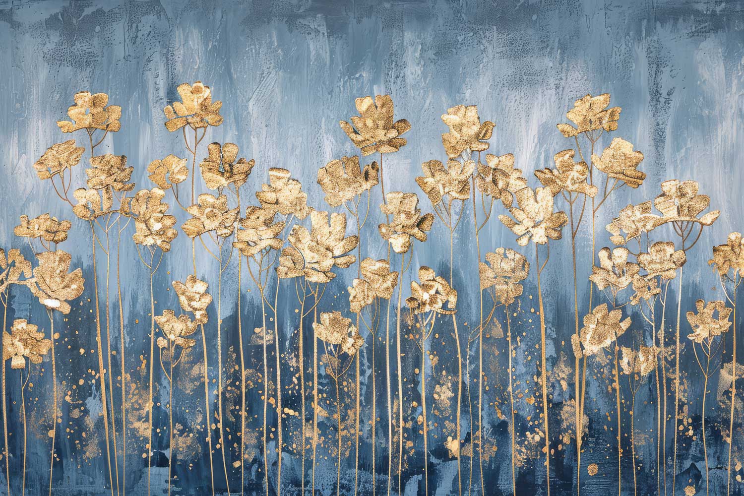 Elegant floral wallpaper with gold blooms on blue backdrop.