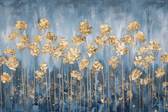 Elegant floral wallpaper with gold blooms on blue backdrop.