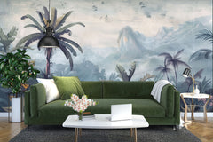 Green sofa in a living room with palm tree wallpaper. Custom floral pattern wallpaper for living room decor
Peel and stick geometric wallpaper for kids bedroom
Nature-inspired wallpaper for home office walls