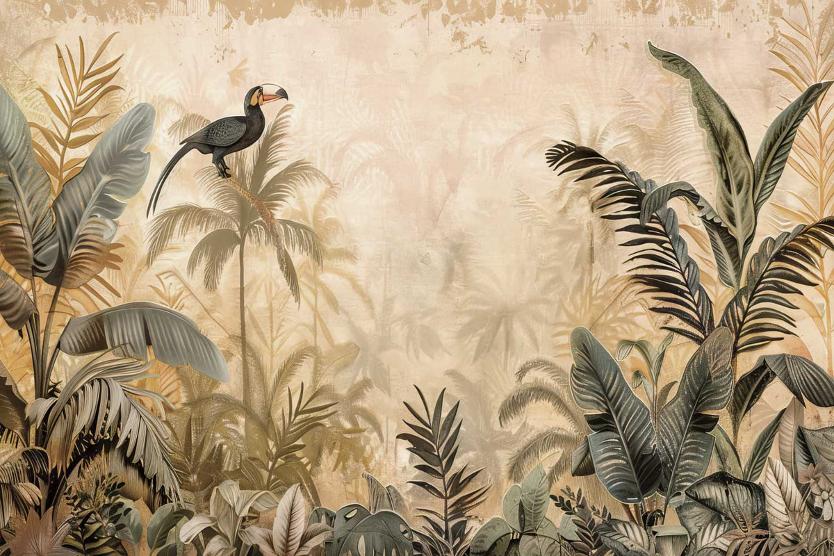 Decorative wallpaper with tropical plants and a bird on a beige background. Custom floral pattern wallpaper for living room decor
Peel and stick geometric wallpaper for kids bedroom
Nature-inspired wallpaper for home office walls
