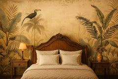 Bedroom with wooden headboard and decorative pillows against a wall with tropical mural. Custom floral pattern wallpaper for living room decor
Peel and stick geometric wallpaper for kids bedroom
Nature-inspired wallpaper for home office walls