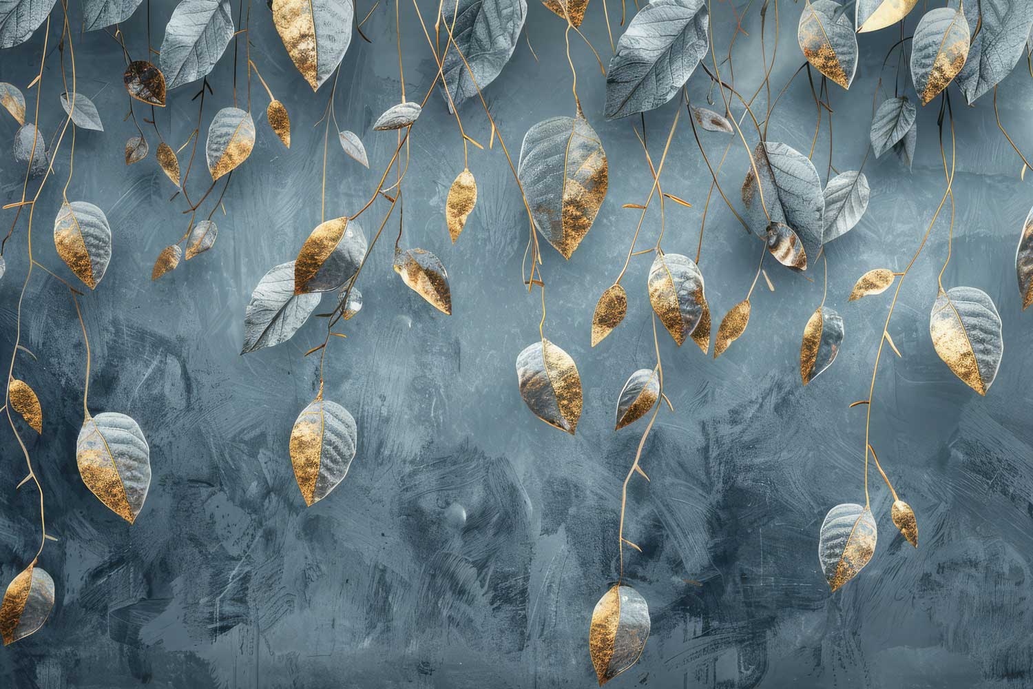 Artistic depiction of leaves on a textured blue background. wallpaper, wall graphics, wall decore, design, cutomized design