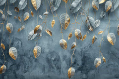 Artistic depiction of leaves on a textured blue background. wallpaper, wall graphics, wall decore, design, cutomized design