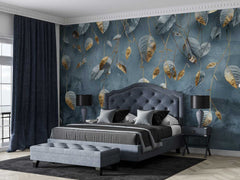 Modern bedroom with floral wallpaper, gray bed, and matching ottoman. wallpaper, wall graphics, customize design, wall decore.