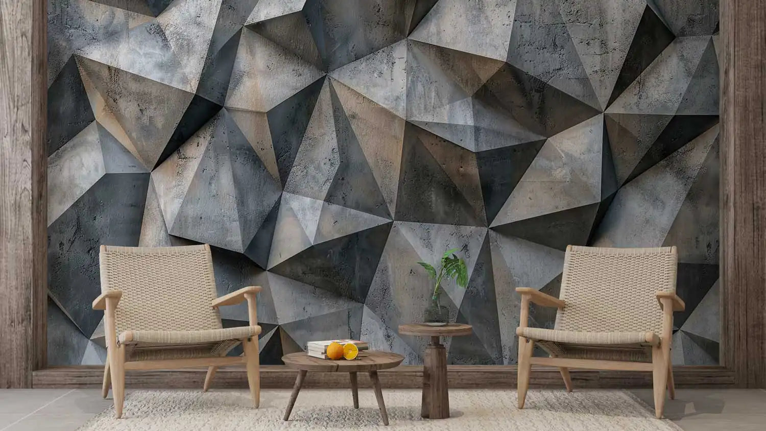 Geometric wall design with two chairs and a small table in a room.