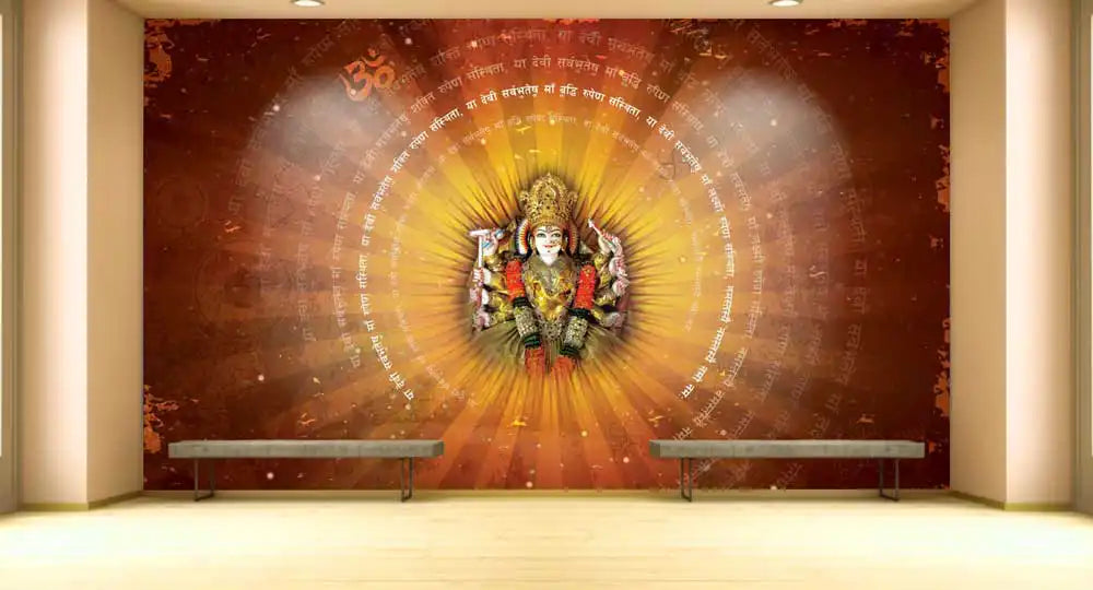 Wall mural with a central figure in a religious or spiritual setting, featuring warm colors and intricate designs.