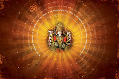 Hindu deity in a radiant circle with sacred text on a warm brown background