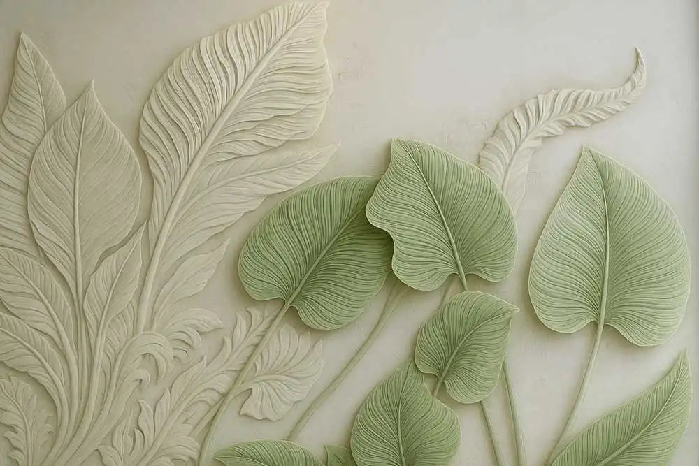 Decorative wall art with embossed green leaves on a light background