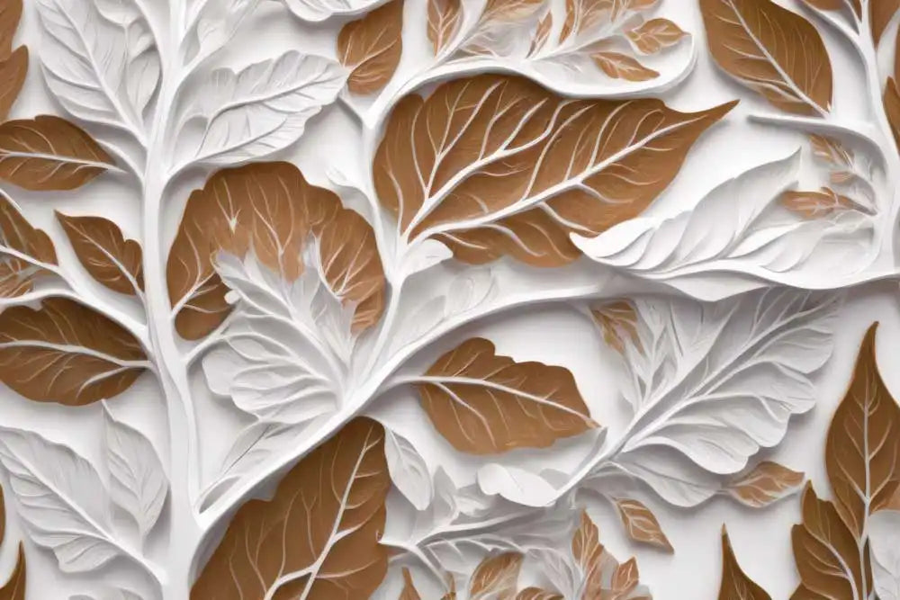 Close-up of a decorative wall panel with brown and white leaves