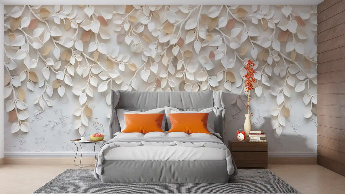 Modern bedroom with floral wall mural and gray bed
