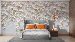 Modern bedroom with floral wall mural and gray bed
