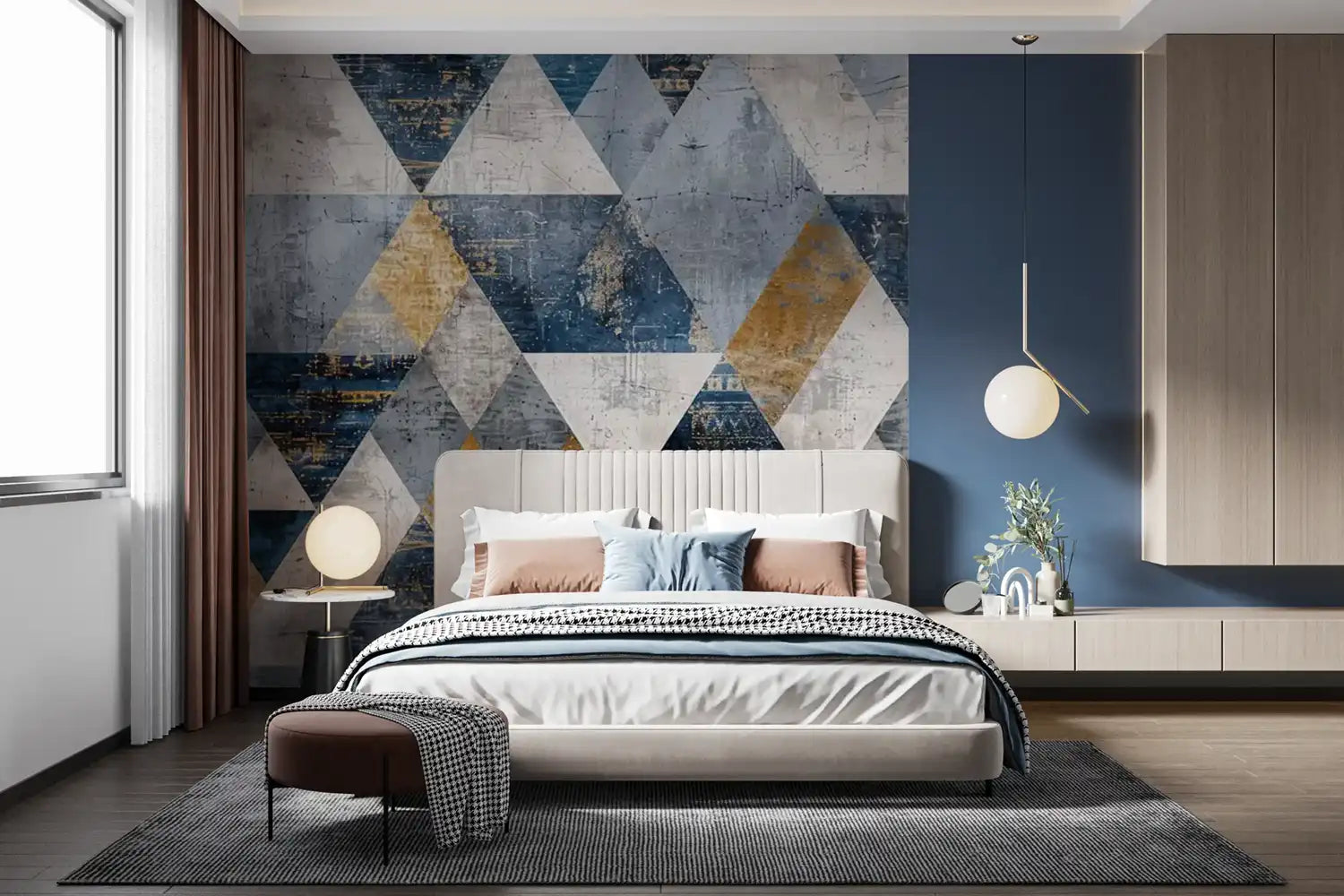 Modern bedroom with geometric wall art and a bed.