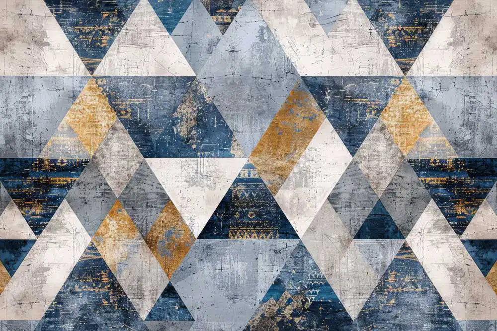 Geometric pattern with triangles in blue, gray, and gold on a textured background