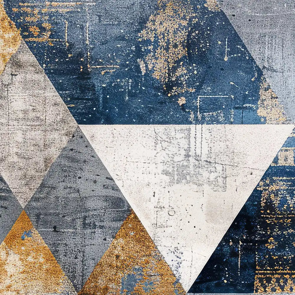 Geometric pattern with triangles in blue, gray, and gold on a textured background