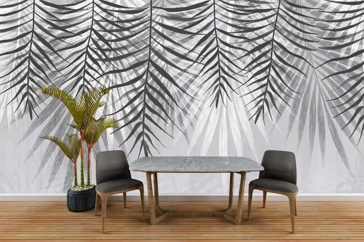 Dining area with a marble table and chairs against a wall with palm leaf pattern