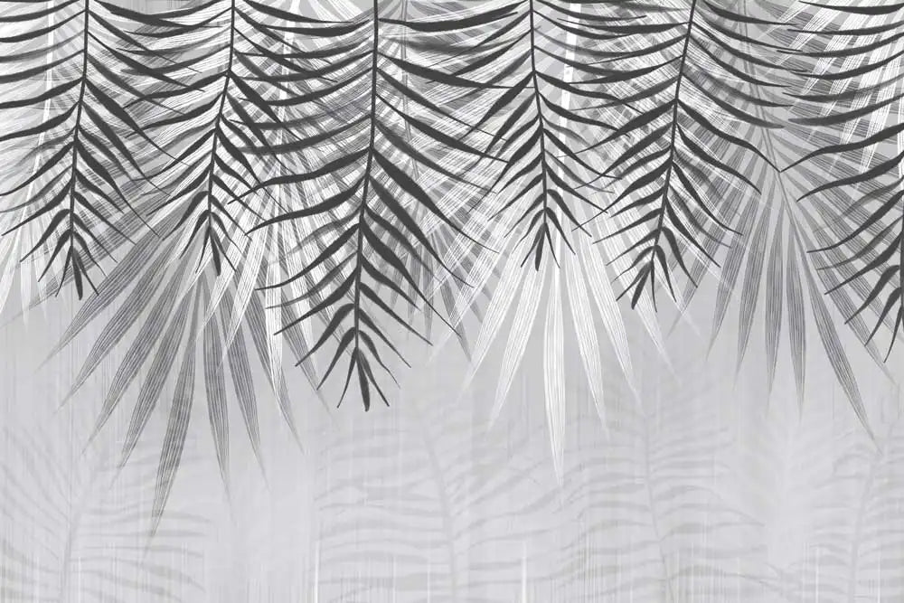 Black palm leaf pattern on a light gray background