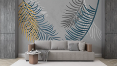 Living room with a gray sofa against a wall with abstract leaf designs.