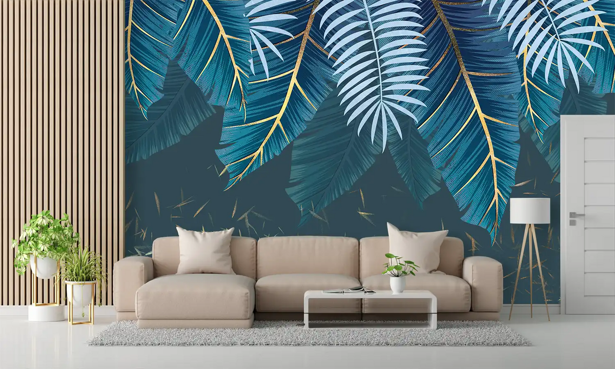 Living room with a beige sofa against a wall with tropical leaf pattern